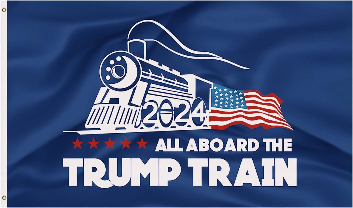 All Aboard The Trump Train 2024 Blue Flag 3 x 5 feet All Aboard The Trump Train 2024 Blue Flag 3 x 5 feet