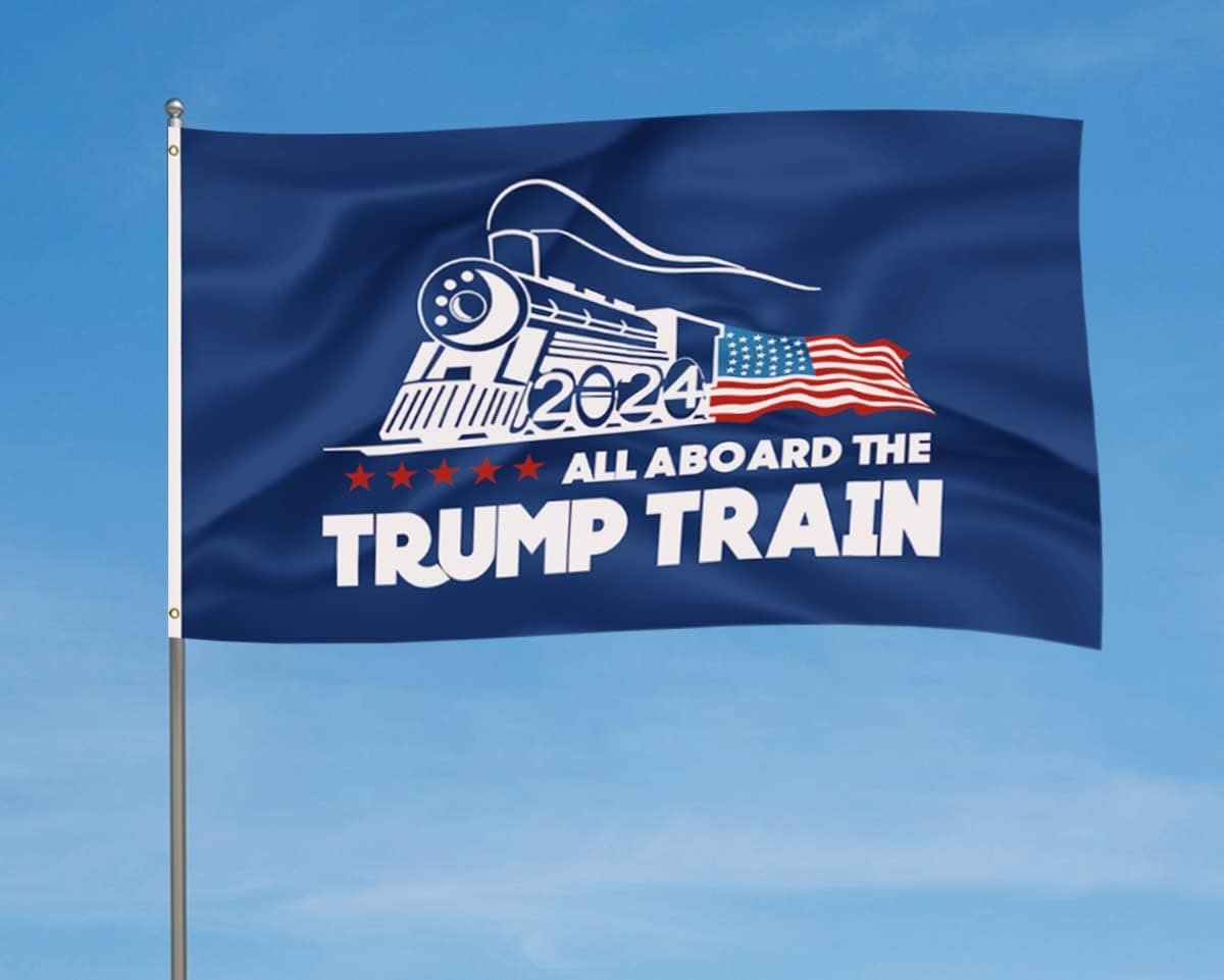 All Aboard The Trump Train 2024 Blue Flag 3 x 5 feet All Aboard The Trump Train 2024 Blue Flag 3 x 5 feet