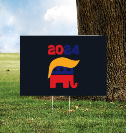 Black GOP Elephant Mascot with Trump Hair - Election 2024 Yard Sign w/ Stake Black GOP Elephant Mascot with Trump Hair - Election 2024 Yard Sign w/ Stake