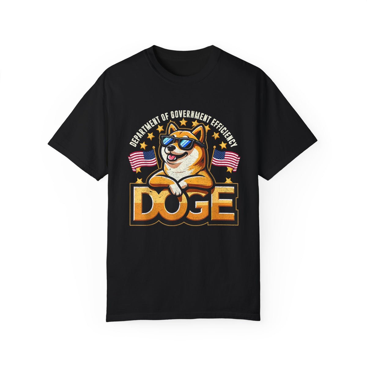 DOGE Department of Government Efficiency T-Shirt w/ Dog & American Flags DOGE Department of Government Efficiency T-Shirt w/ Dog & American Flags
