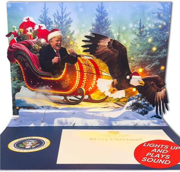 Talking Donald Pop Up Christmas Card with Eagle Sleigh - Lights Up w/ Sound Talking Donald Pop Up Christmas Card with Eagle Sleigh - Lights Up w/ Sound
