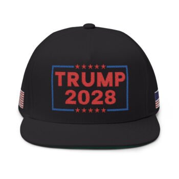 Trump 2028 Hat - Embroidered w/n Red Text on Black Cap w/ American Flag on Sides